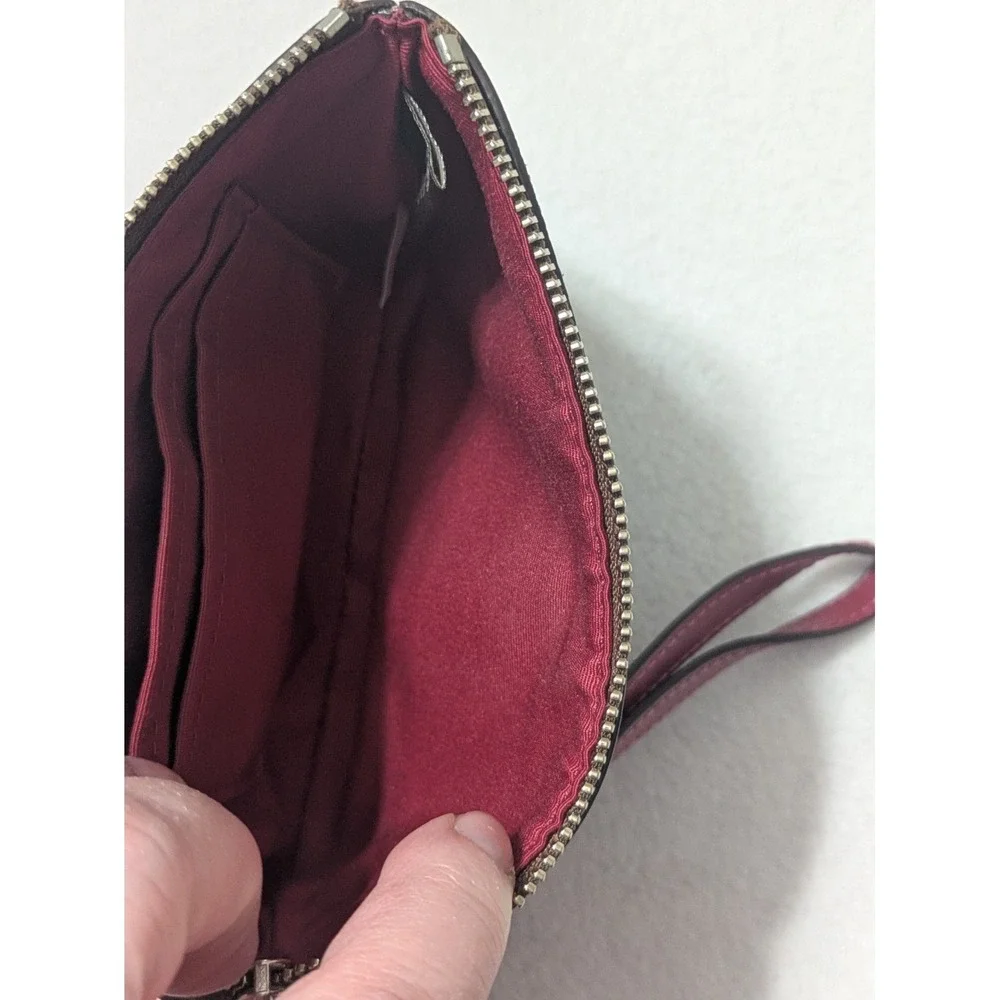 COACH Corner Zip Wristlet Khaki Coated Canvas w/Cherry Leather Vertical Stripe
